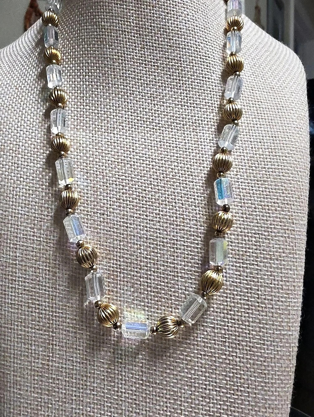 Vintage Aurora Borealis Iridescent Crystal & Gold Fluted Bead Necklace